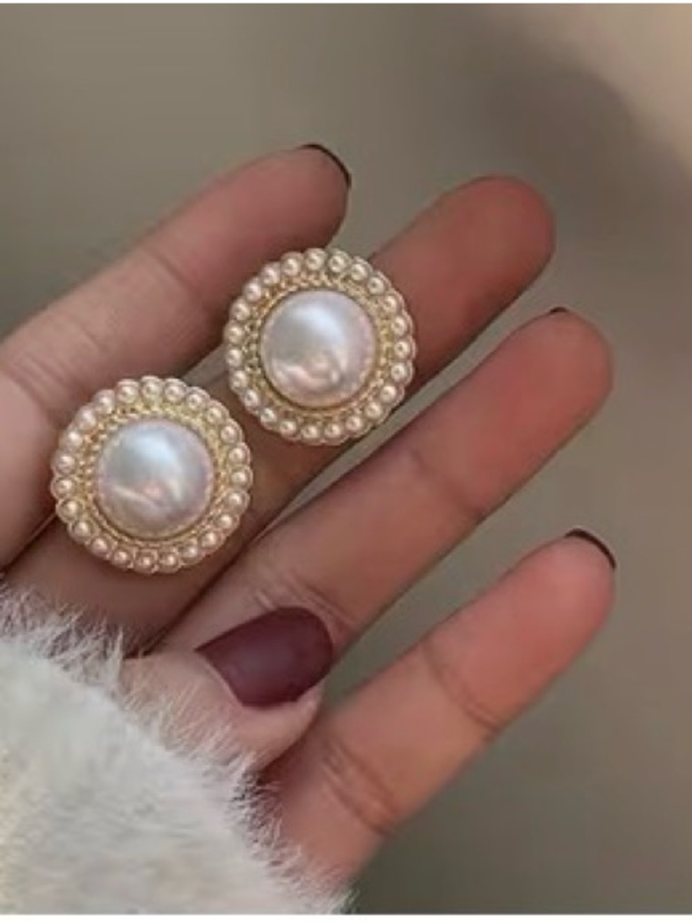 Source Unknown Pearl Double Halo Button Earrings - Cream & Gold